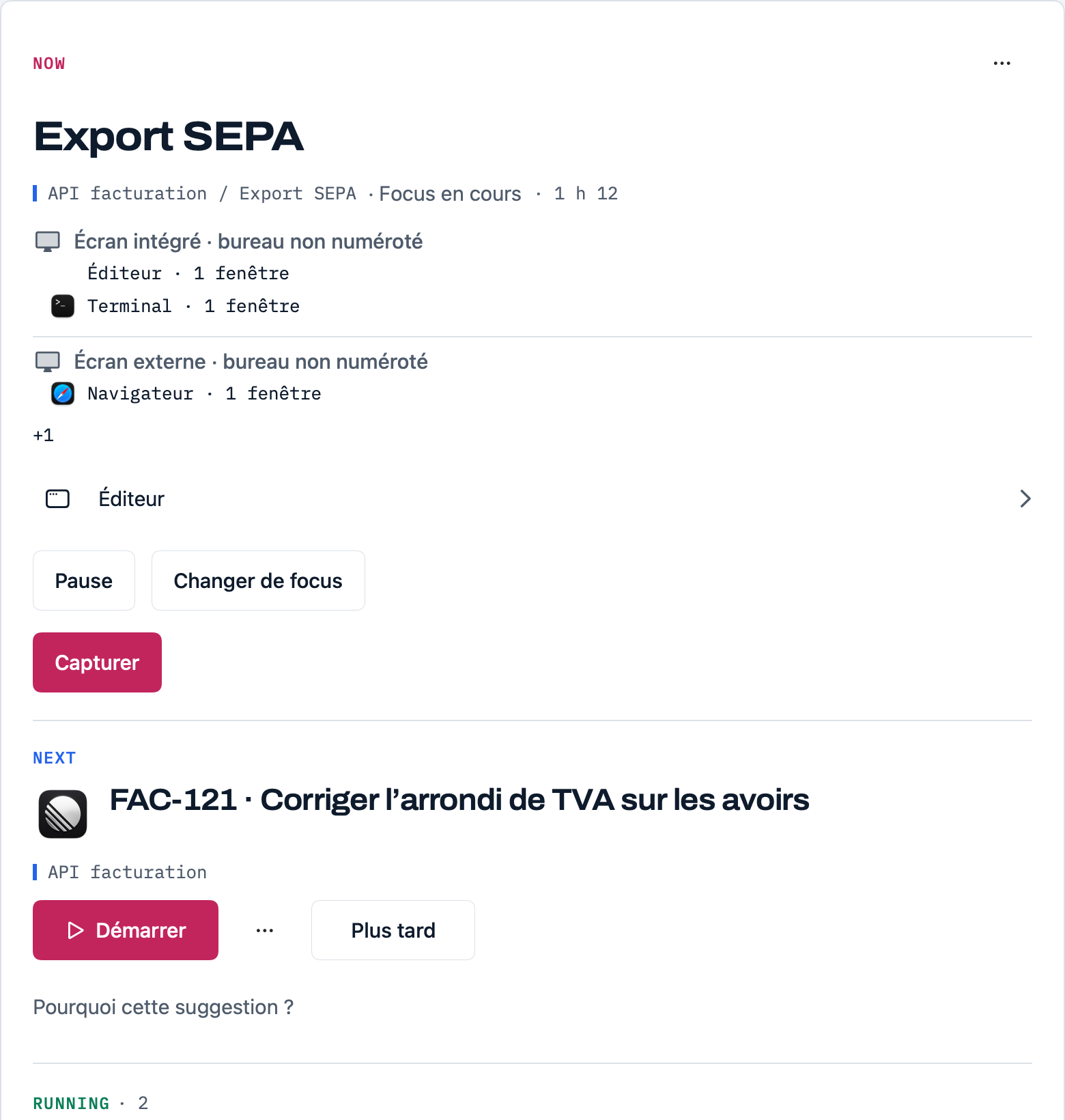 Fenêtre d’Ukitu : contexte actif, fenêtres mémorisées et prochaine action.