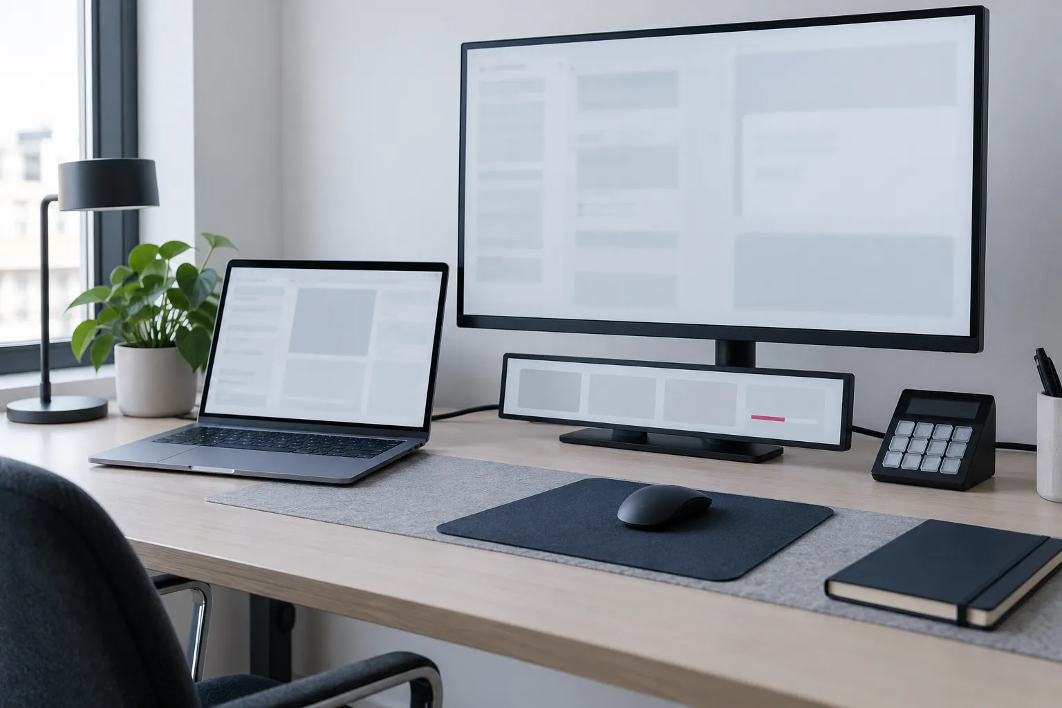 Poste de travail avec Mac et écran dédié.