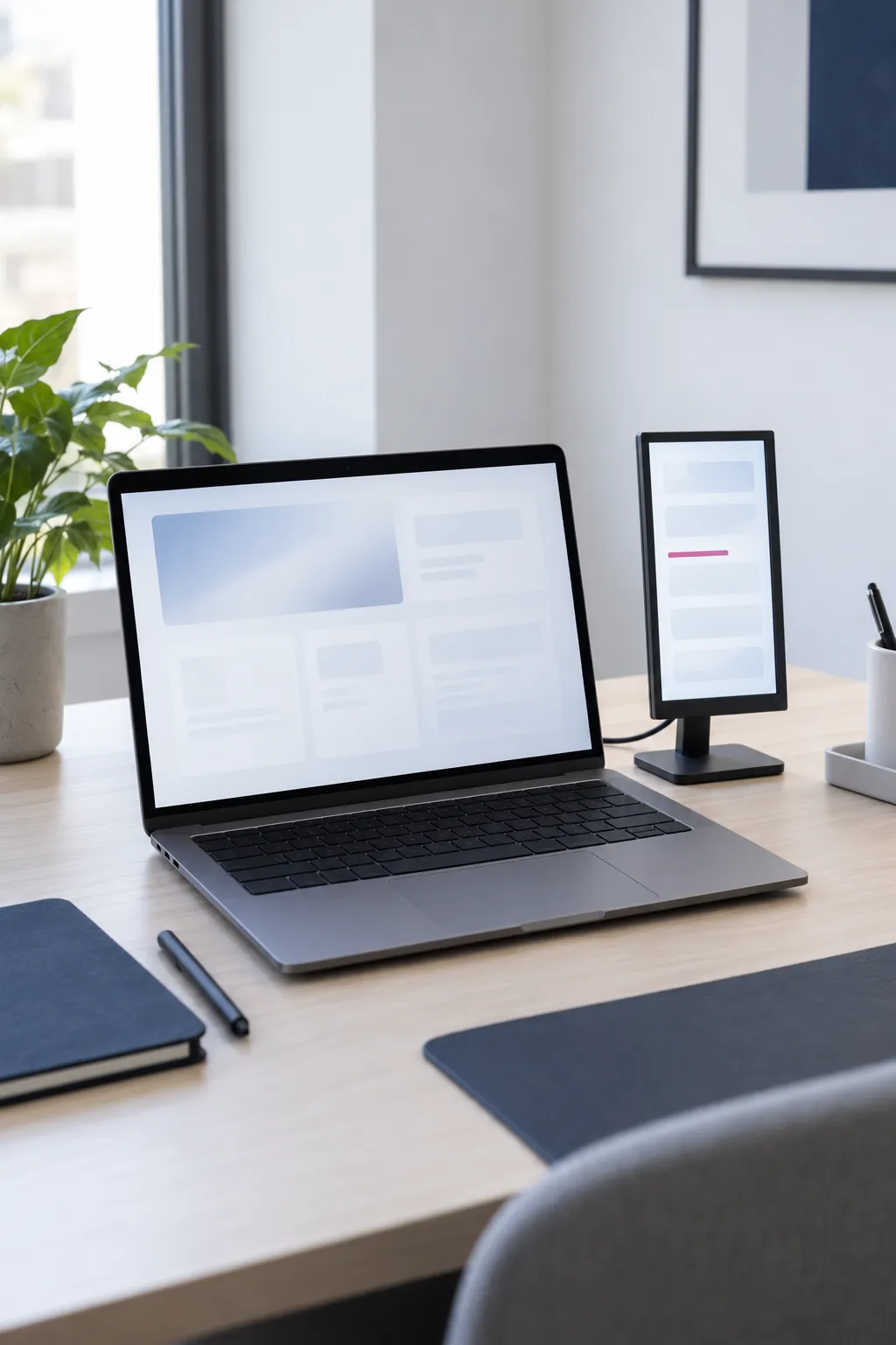 Petit écran vertical posé sur un bureau.