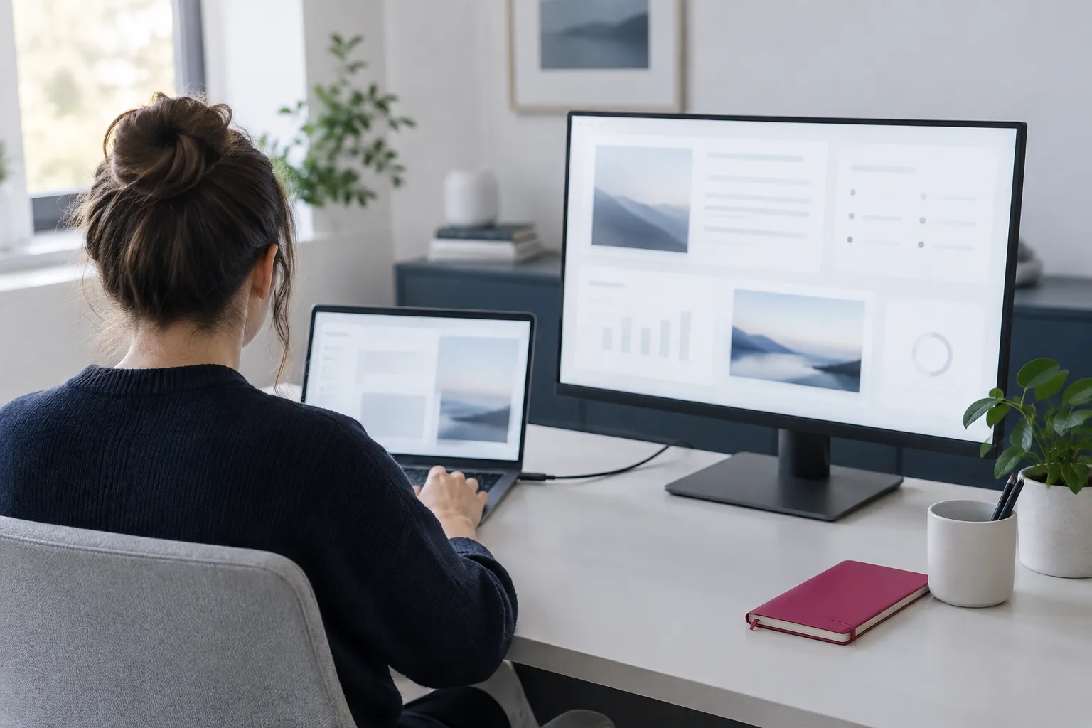 Espace de travail avec ordinateur et accessoires de bureau.